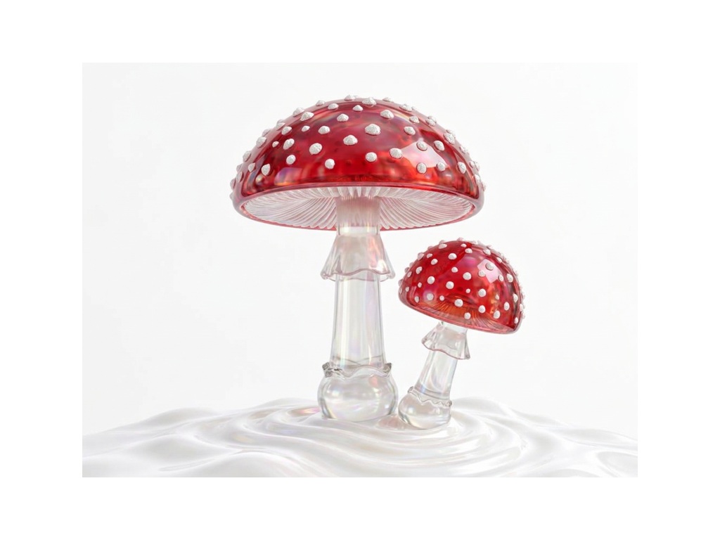 Translucent Amanita muscaria illustration with red white-spotted caps and white ringed stems; not for identification
