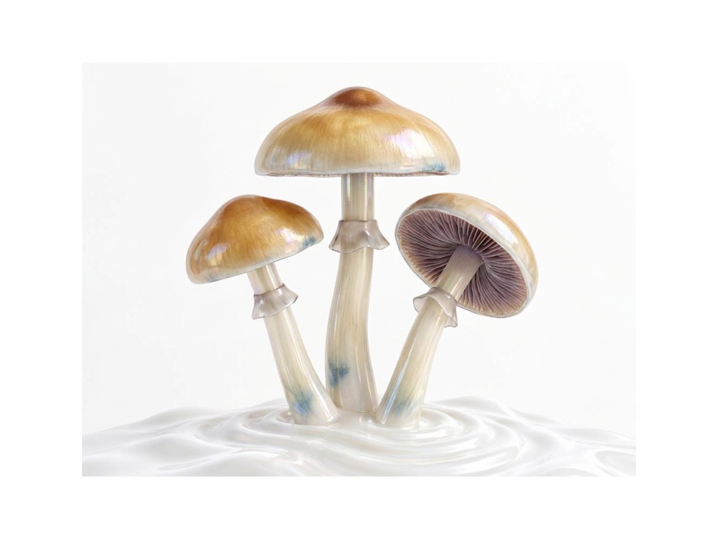 Translucent Psilocybe cubensis illustration with golden caps, pale ringed stems, and dark gills; not for identification